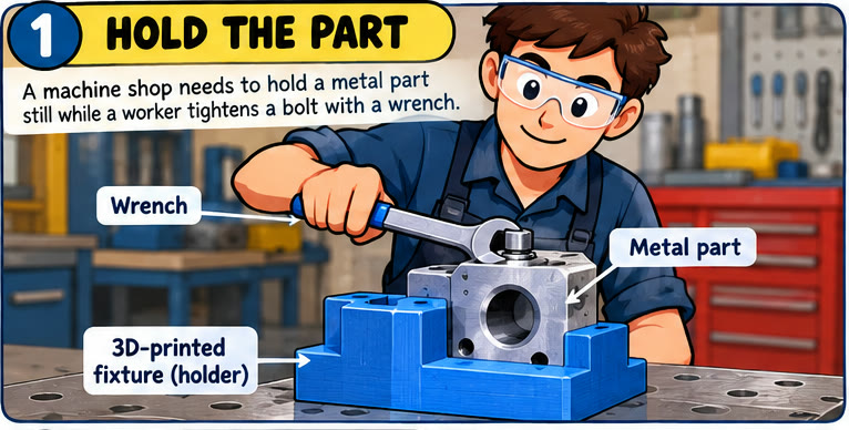 Panel 1, Hold the part: an operator tightens a bolt on a metal part held in a blue 3D-printed fixture.
