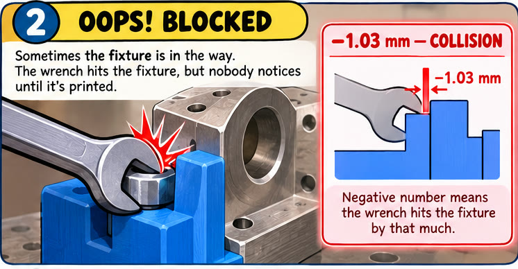 Panel 2, Oops, blocked: the wrench hits the fixture; minus 1.03 mm means the wrench hits the fixture by that much.