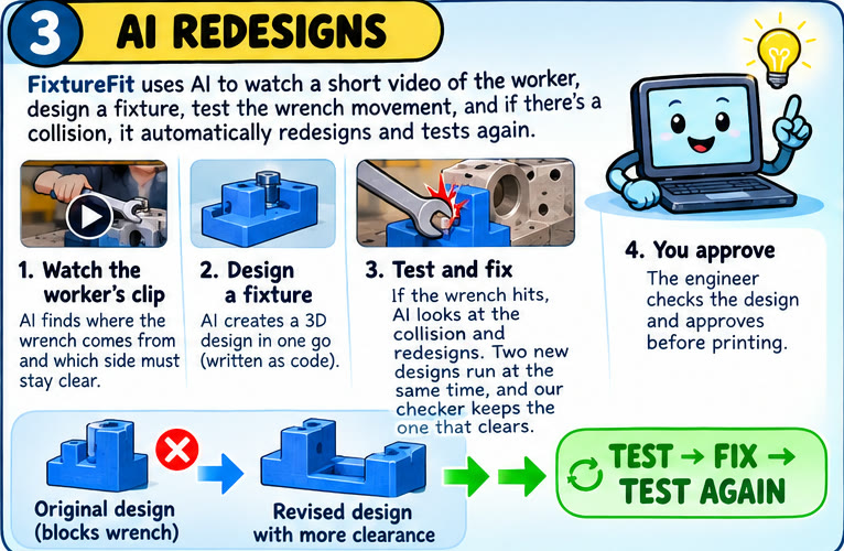 Panel 3, AI redesigns: watch the worker's clip, design a fixture, test and fix, you approve.