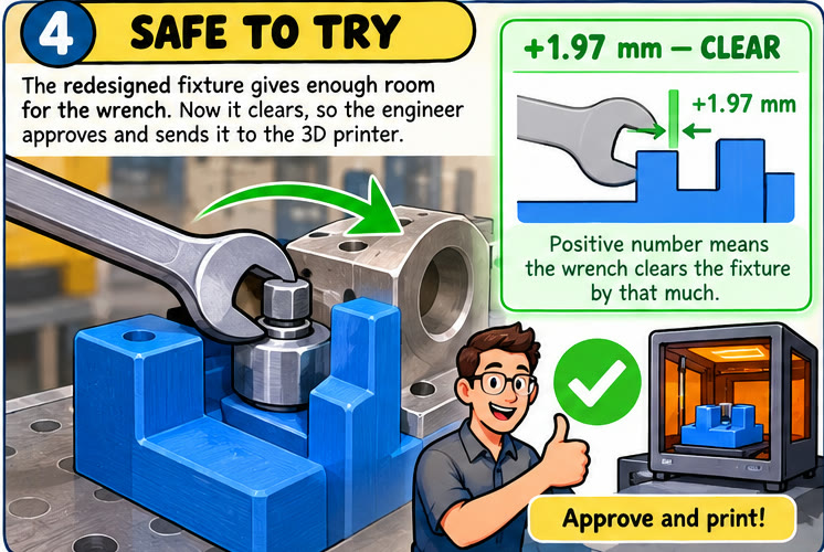 Panel 4, Safe to try: the redesigned fixture leaves room; plus 1.97 mm means the wrench clears by that much.